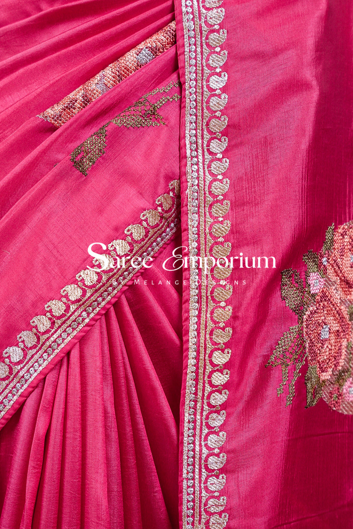 Silk Embroidery Saree For Women Rani Pink Side View.