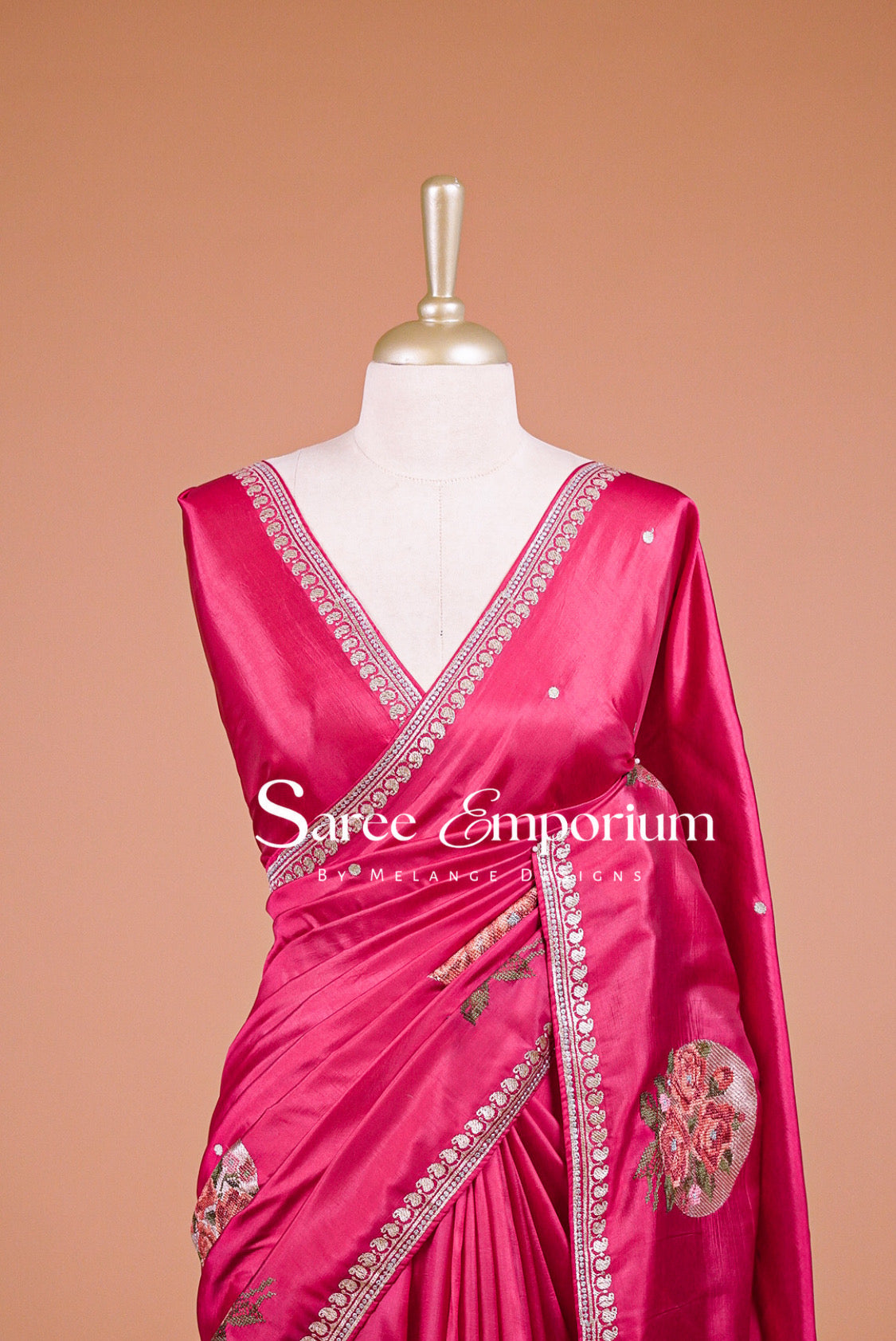 Silk Embroidery Saree For Women Rani Pink Close View.