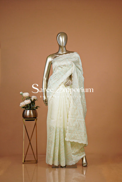 Silk Embroidery Saree For Women Ivory & Mint