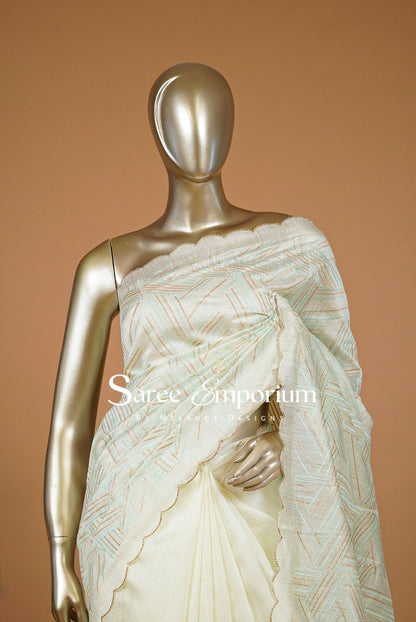 Silk Embroidery Saree For Women Ivory & Mint