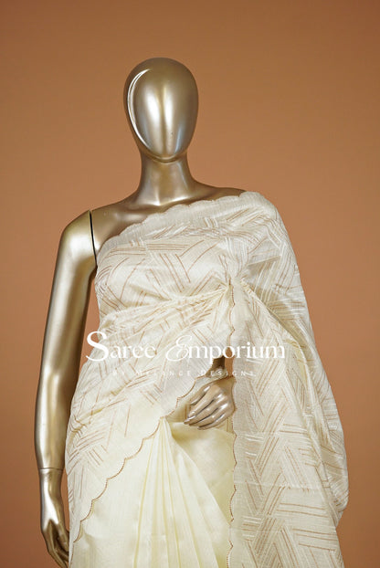 Silk Embroidery Saree For Women Ivory & Gold 