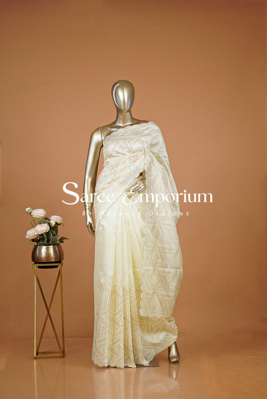 Silk Embroidery Saree For Women Ivory & Gold 