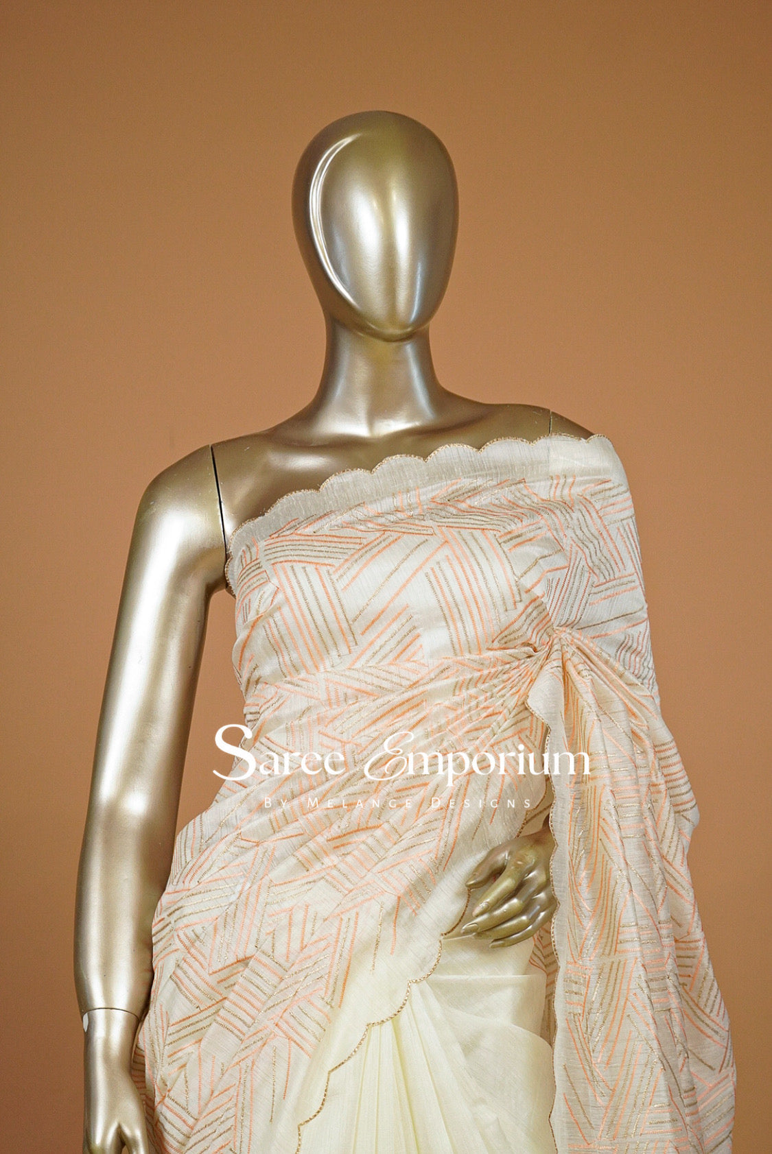Silk Embroidery Saree For Women Ivory & Peach