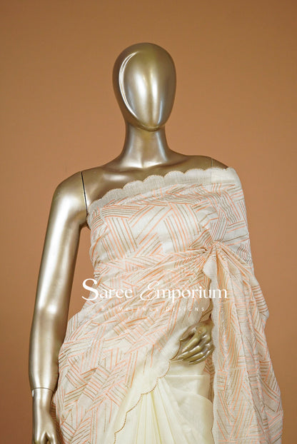Silk Embroidery Saree For Women Ivory & Peach