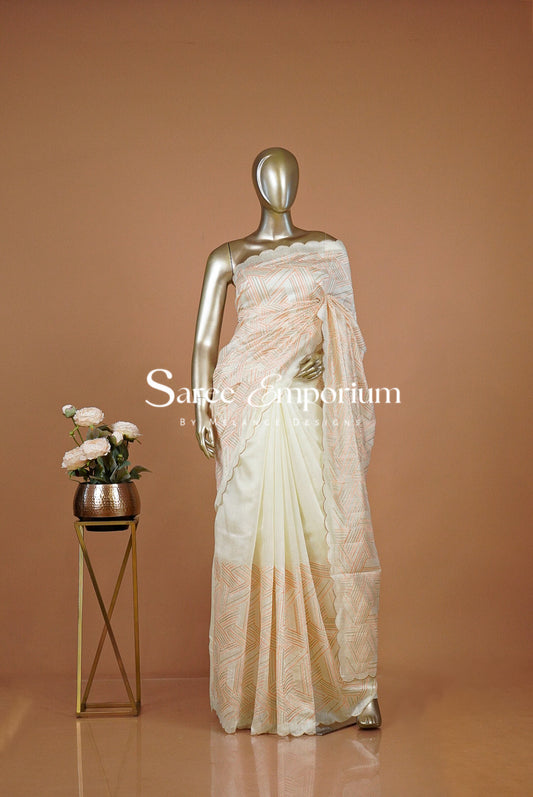 Silk Embroidery Saree For Women Ivory & Peach