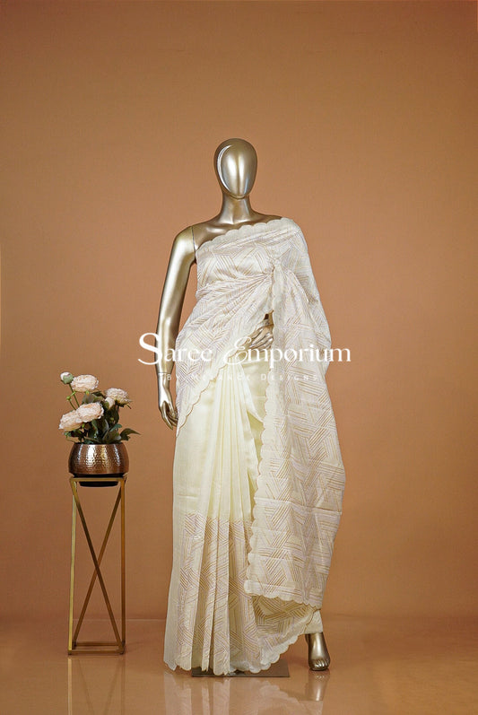 Silk Embroidery Saree For Women Ivory & Lilac