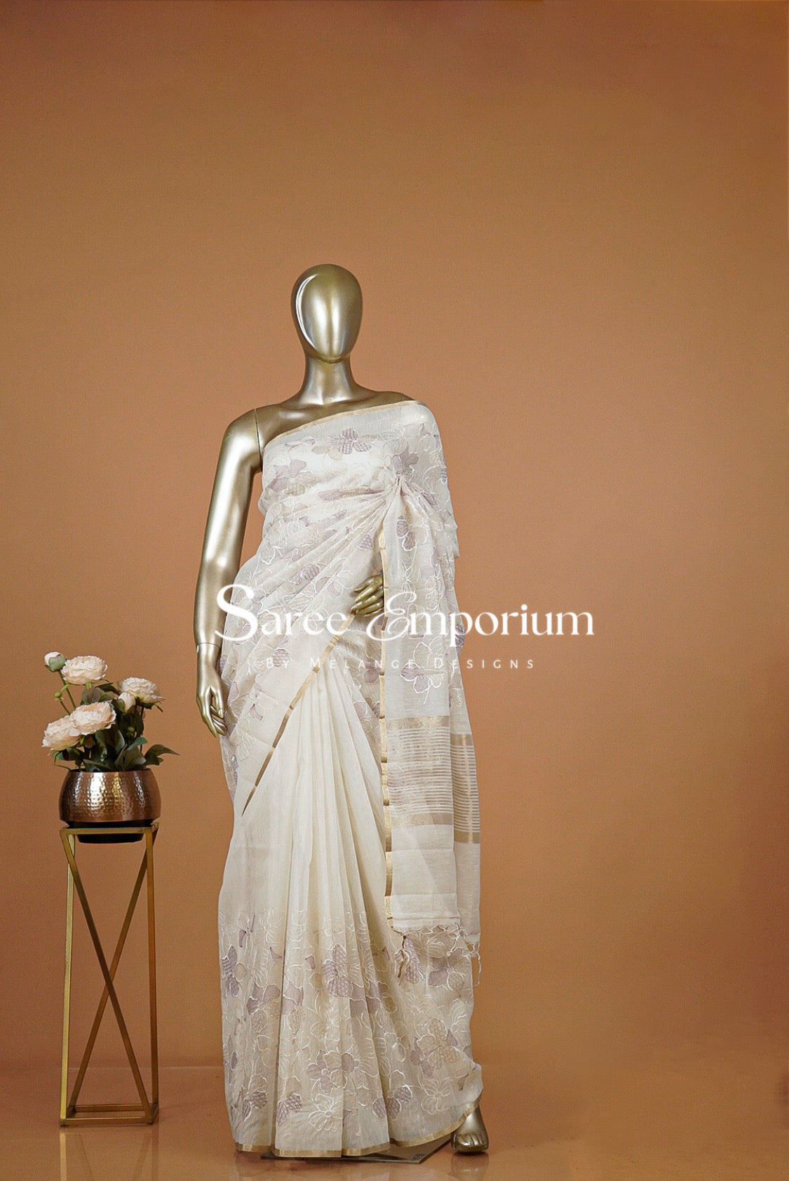 Silk Embroidery Saree For Women Off White and Lilac