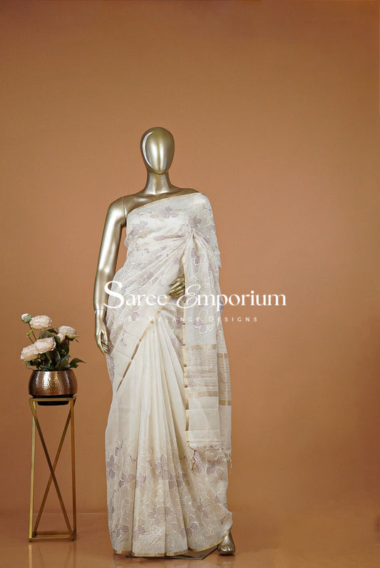 Silk Embroidery Saree For Women Off White and Lilac