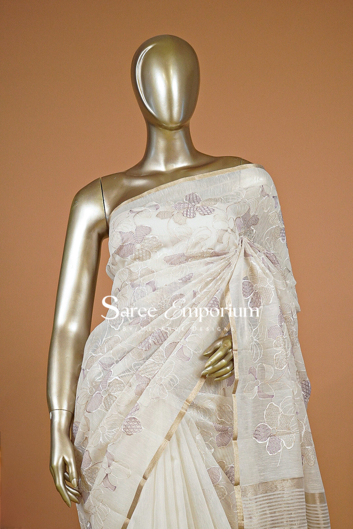 Silk Embroidery Saree For Women Off White and Lilac