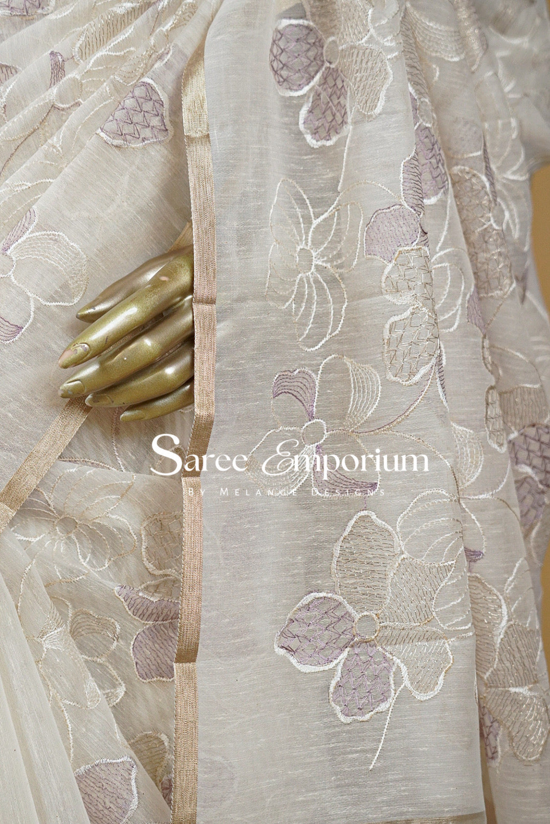 Silk Embroidery Saree For Women Off White and Lilac