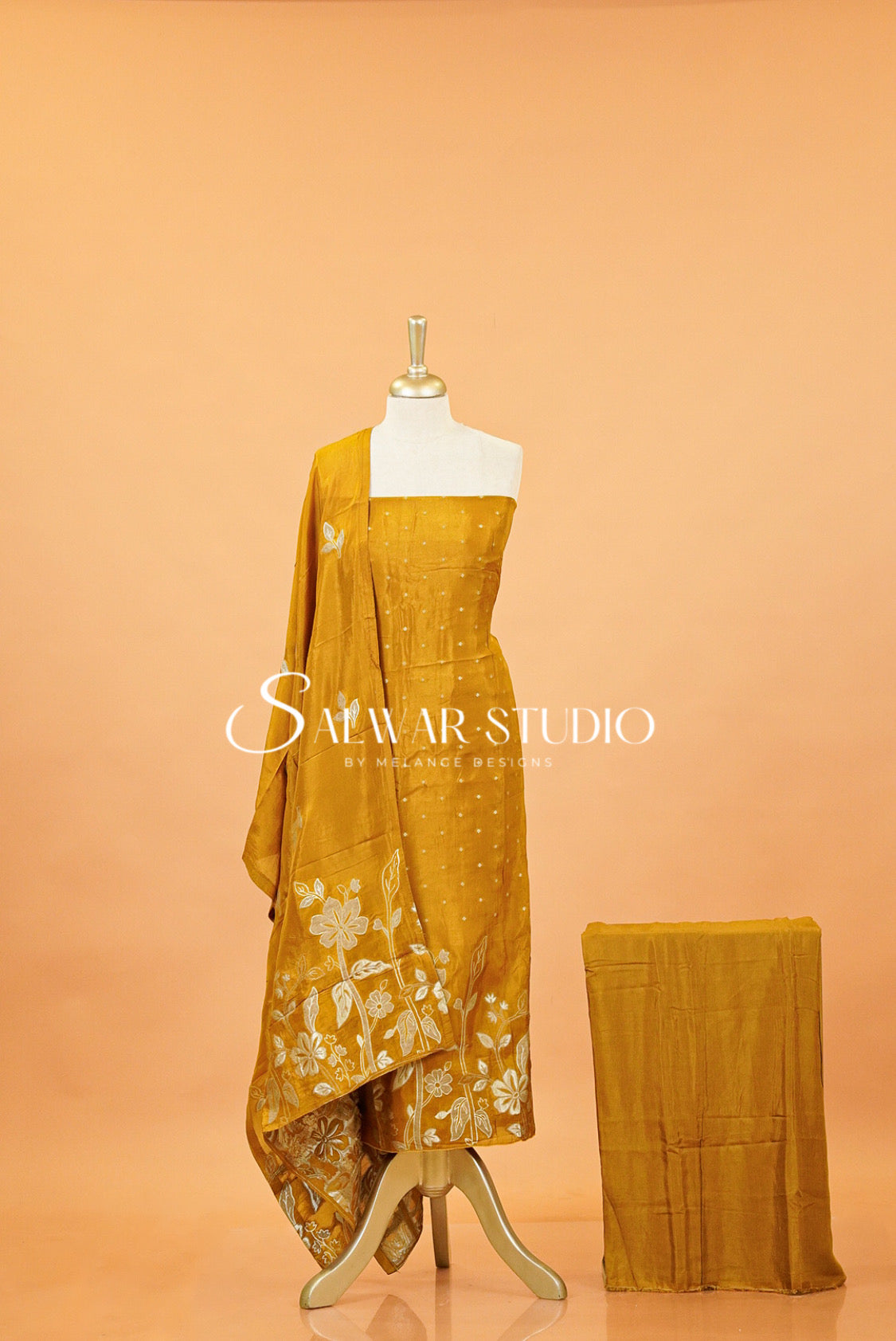 Silk Embroidery Unstitched Salwar Suit Material  Mustard Gold .