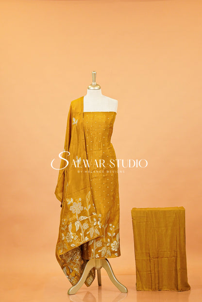 Silk Embroidery Unstitched Salwar Suit Material  Mustard Gold .