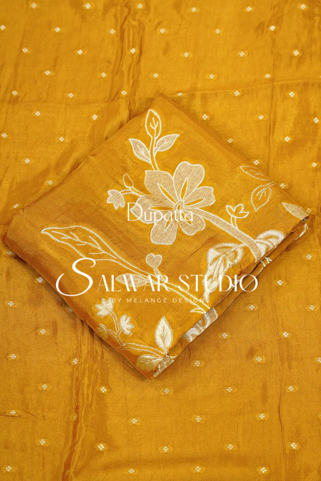 Silk Embroidery Unstitched Salwar Suit Material  Mustard Gold Dupatta.