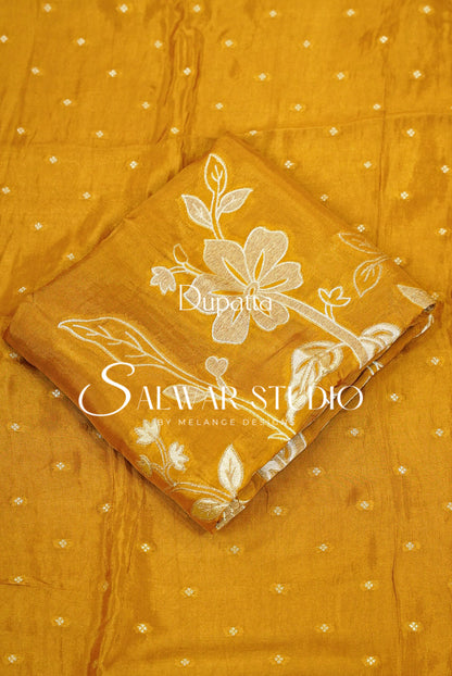 Silk Embroidery Unstitched Salwar Suit Material  Mustard Gold Dupatta.