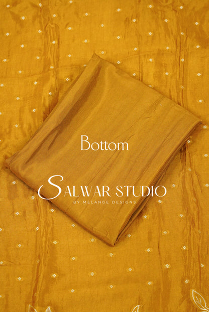 Silk Embroidery Unstitched Salwar Suit Material  Mustard Gold Bottom.