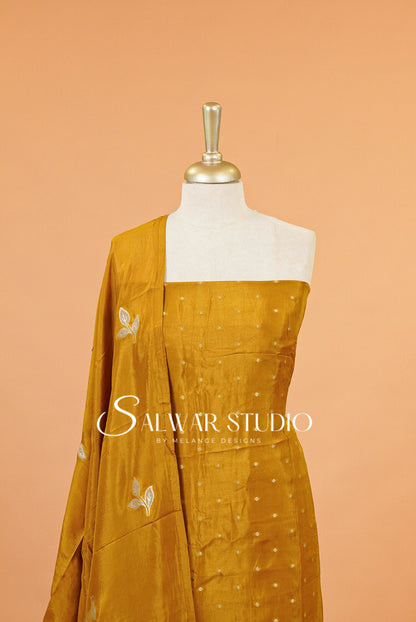 Silk Embroidery Unstitched Salwar Suit Material  Mustard Gold Close View.