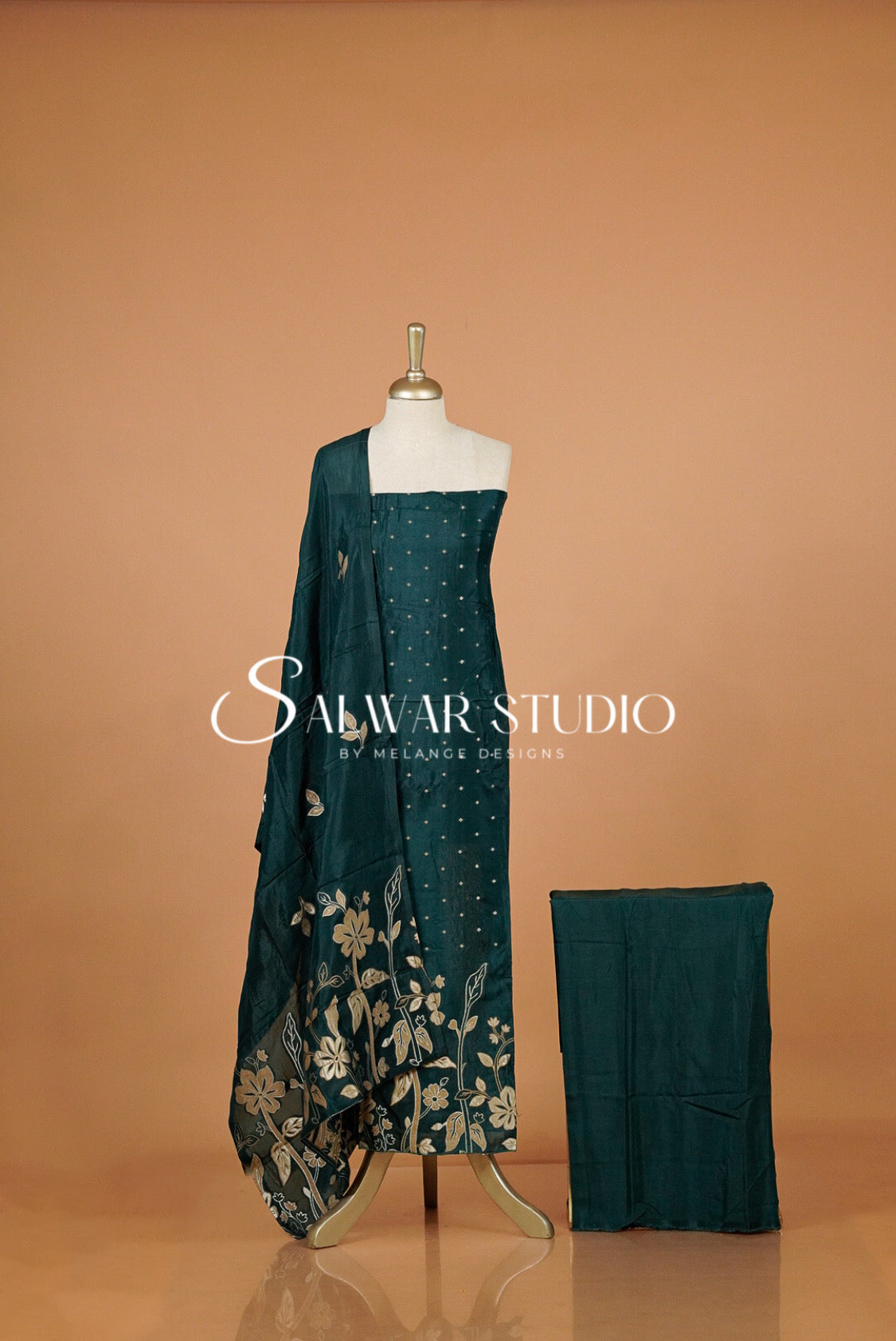 Silk Embroidery Unstitched Salwar Suit Material Deep Teal Green.
