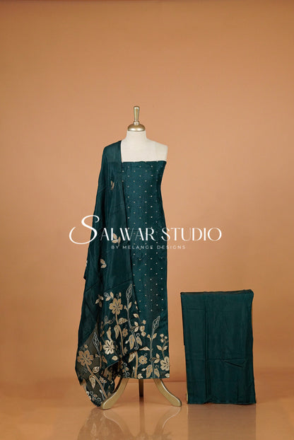 Silk Embroidery Unstitched Salwar Suit Material Deep Teal Green.