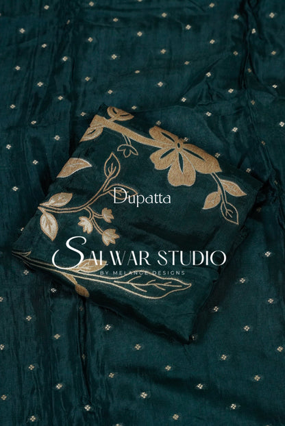 Silk Embroidery Unstitched Salwar Suit Material Deep Teal Green Dupatta.