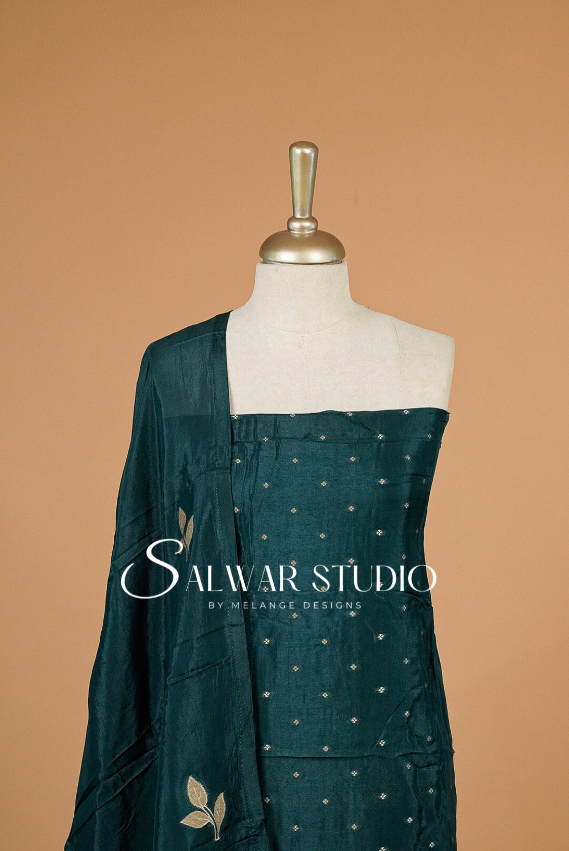 Silk Embroidery Unstitched Salwar Suit Material Deep Teal Green Close View.