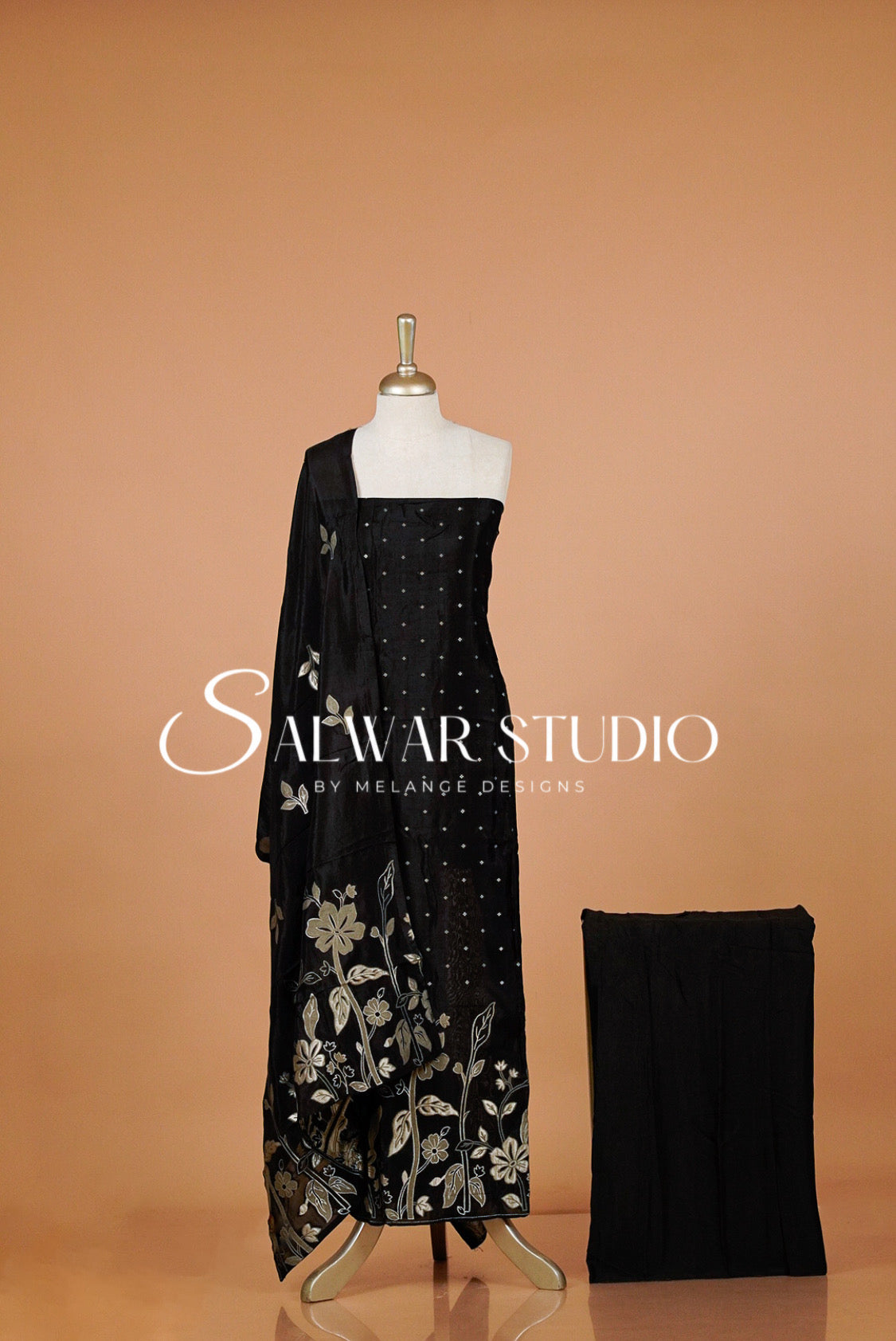 Silk Embroidery Unstitched Salwar Suit Material Black.