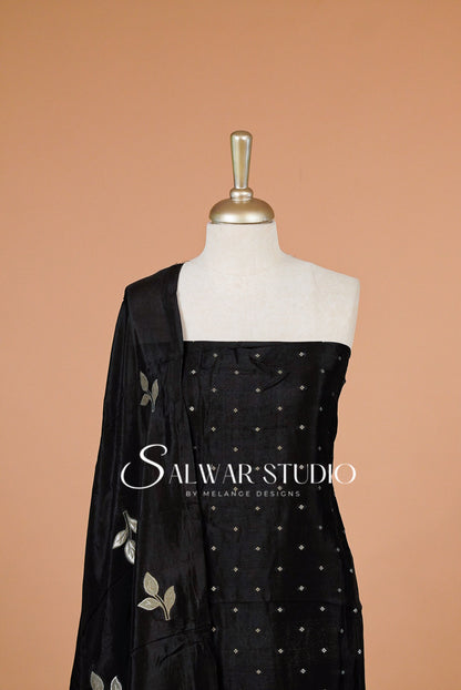 Silk Embroidery Unstitched Salwar Suit Material Black Close View.