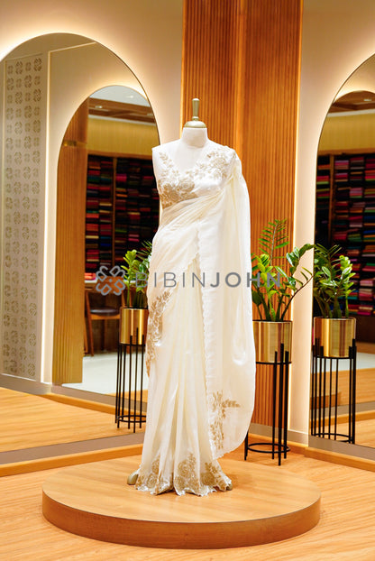 Silk Embroidery Saree For Women  Ivory 