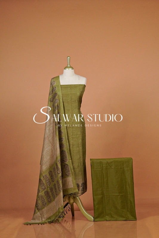 Silk Unstitched Salwar Suit Dress Material Olive Green AC0346