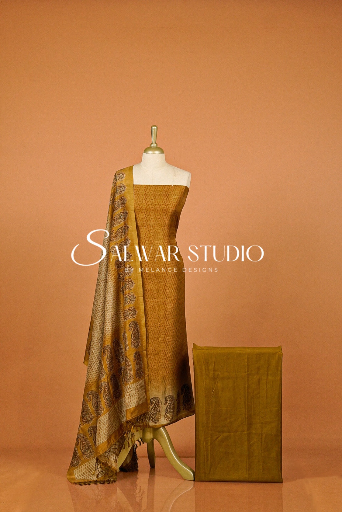 Silk Unstitched Salwar Suit Dress Material Antique Mustard Gold AC0348