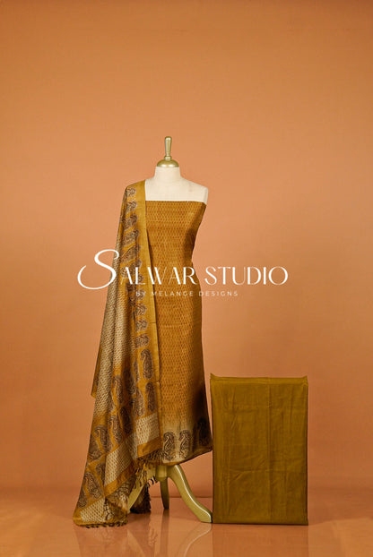 Silk Unstitched Salwar Suit Dress Material Antique Mustard Gold AC0348
