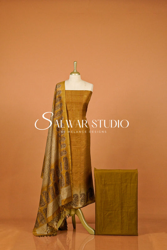 Silk Unstitched Salwar Suit Dress Material Antique Mustard Gold AC0348