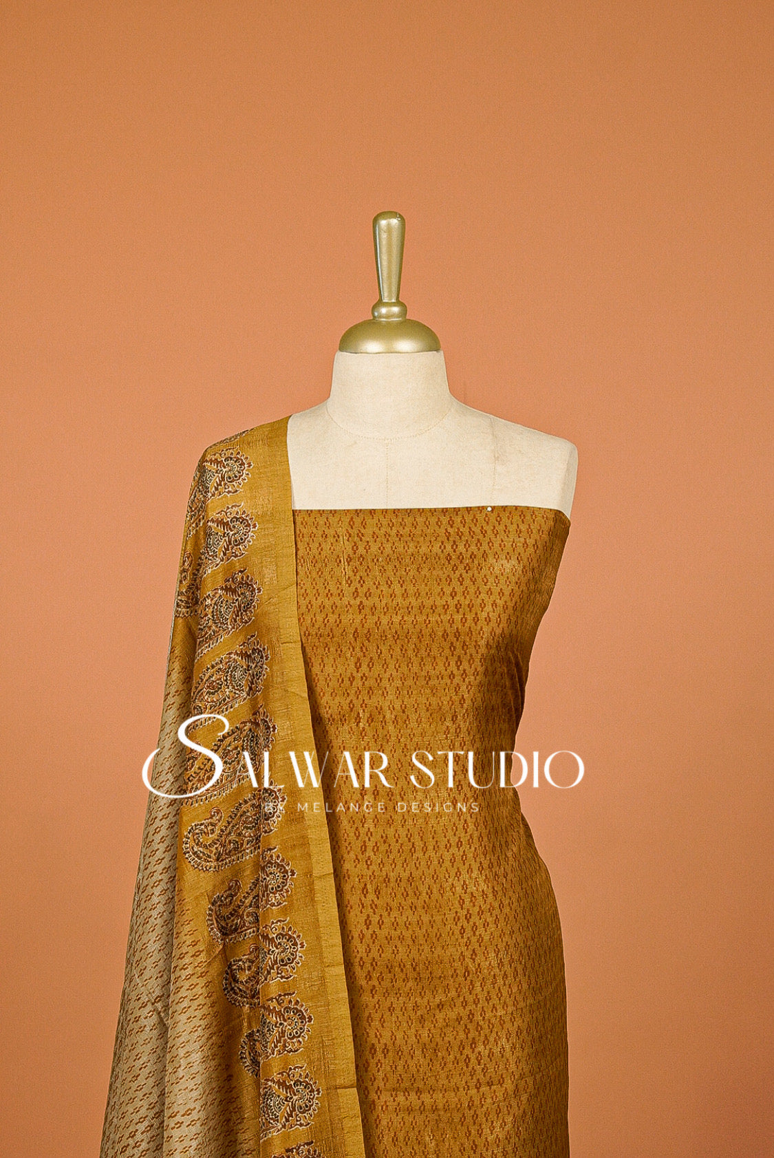 Silk Unstitched Salwar Suit Dress Material Antique Mustard Gold AC0348