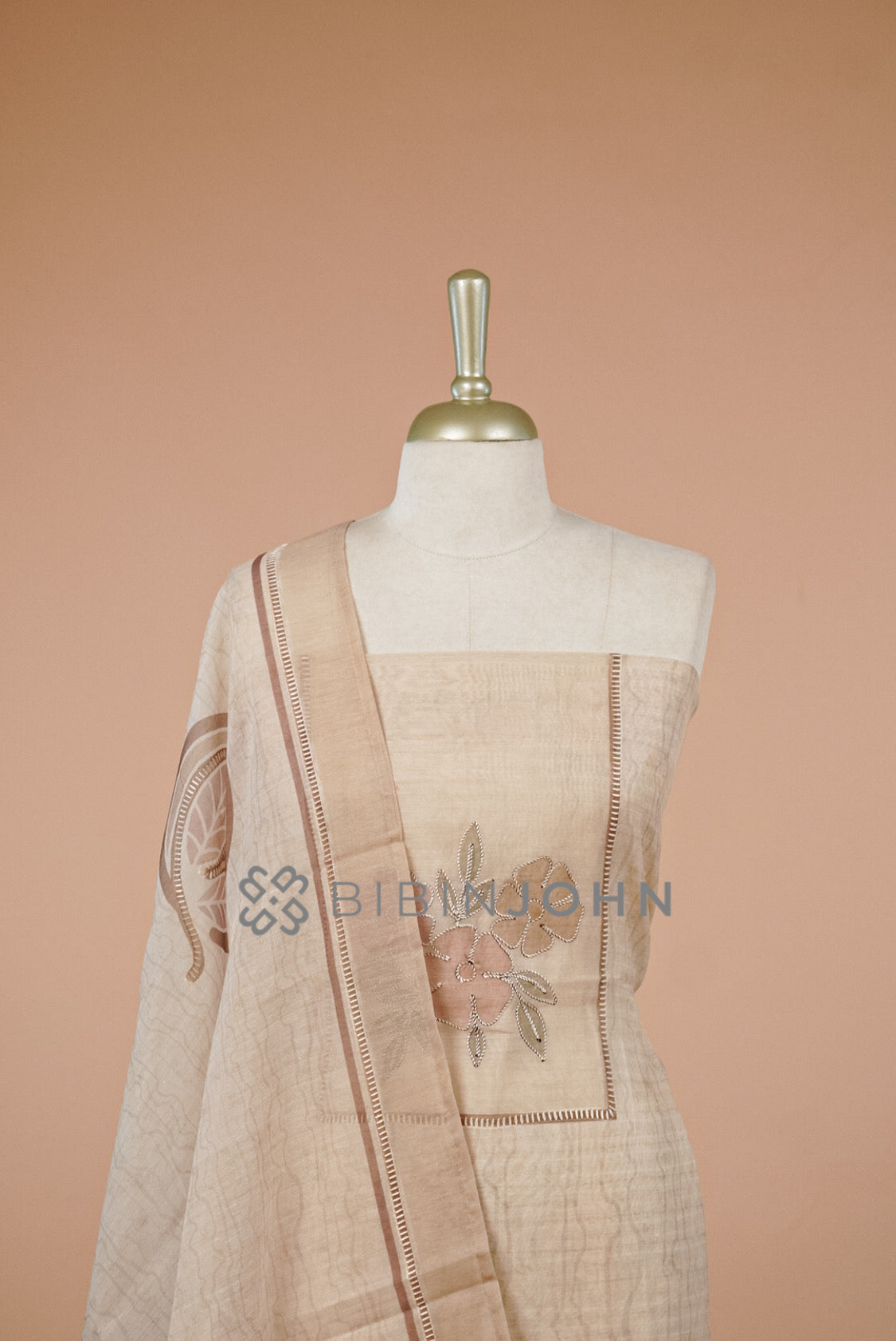 Silk Unstitched Salwar Suit Material Beige Tone Close View.