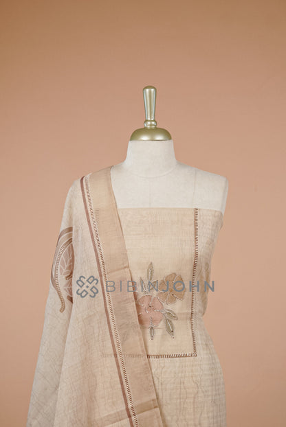 Silk Unstitched Salwar Suit Material Beige Tone Close View.
