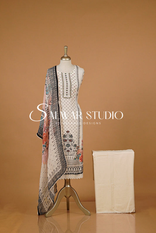 Silk Semi Stitched Salwar Suit Dress Material Ivory