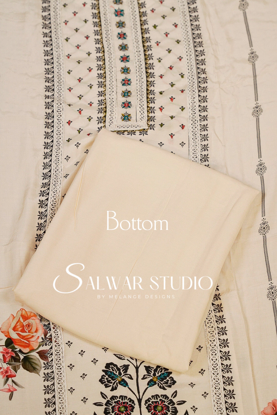 Silk Semi Stitched Salwar Suit Dress Material Ivory Bottom.
