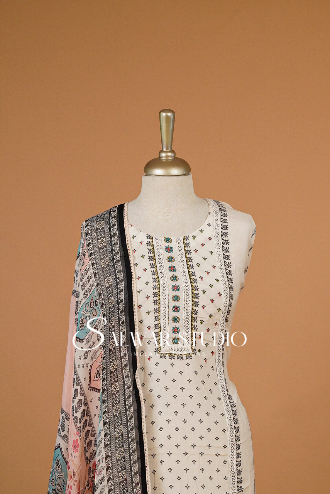 Silk Semi Stitched Salwar Suit Dress Material Ivory Close View.