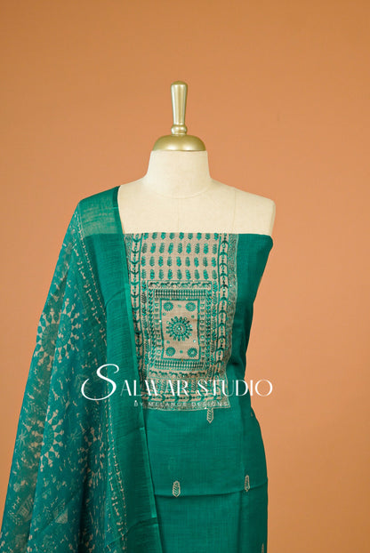 Semi Linen Embroidery Unstitched Salwar Suit Dress Material Close UP