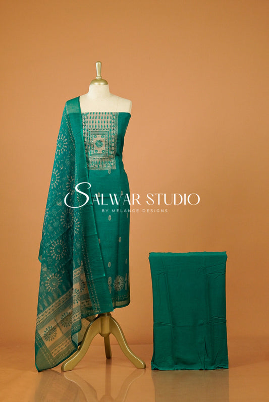 Semi Linen Embroidery Unstitched Salwar Suit Dress Material Front View