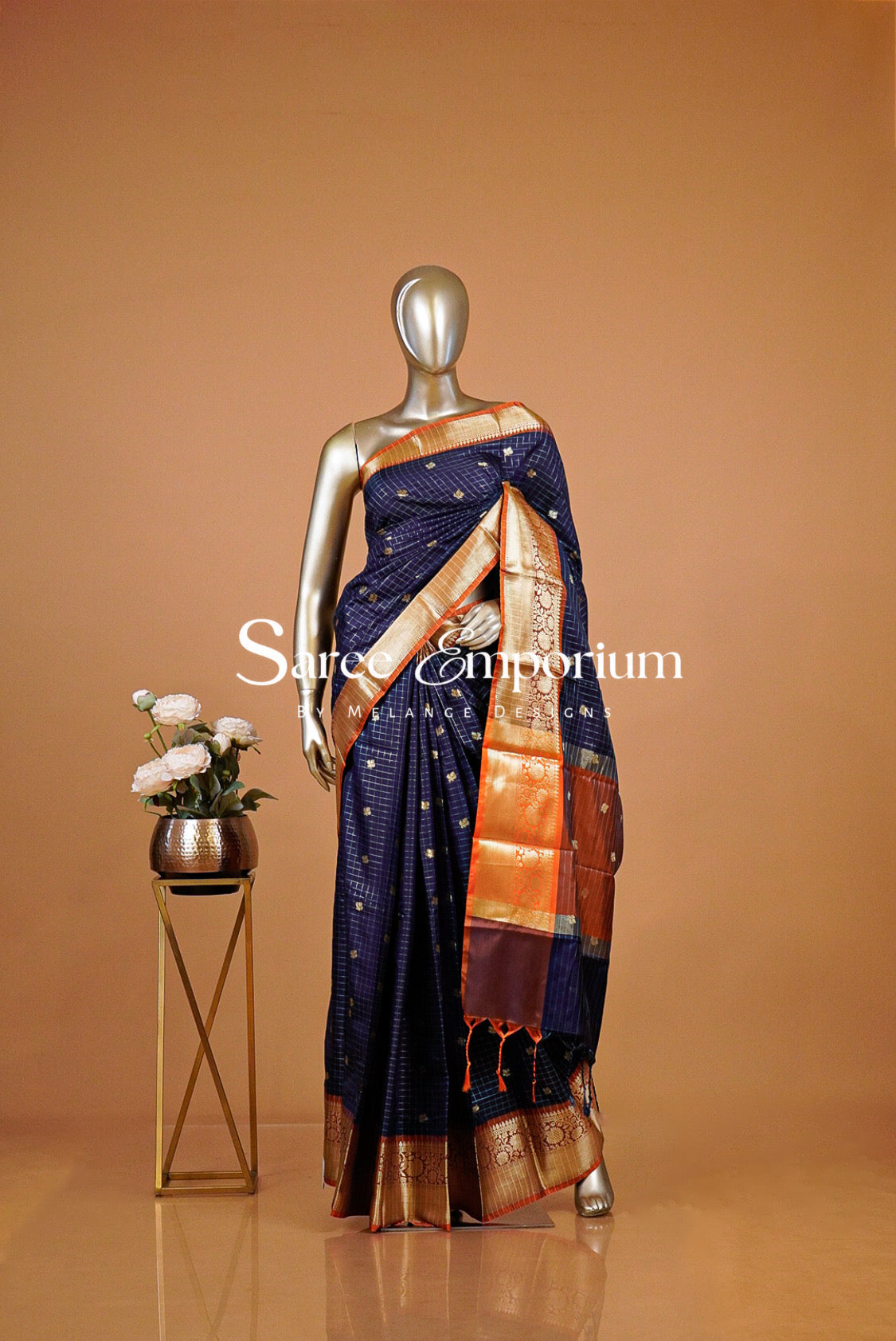 Semi Silk Saree Checks For Women Deep Navy Blue 
