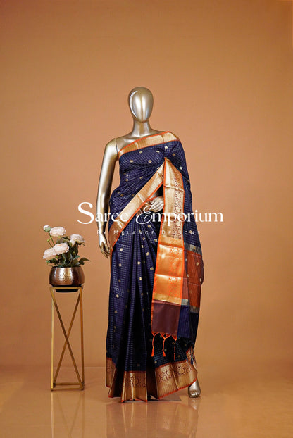 Semi Silk Saree Checks For Women Deep Navy Blue 