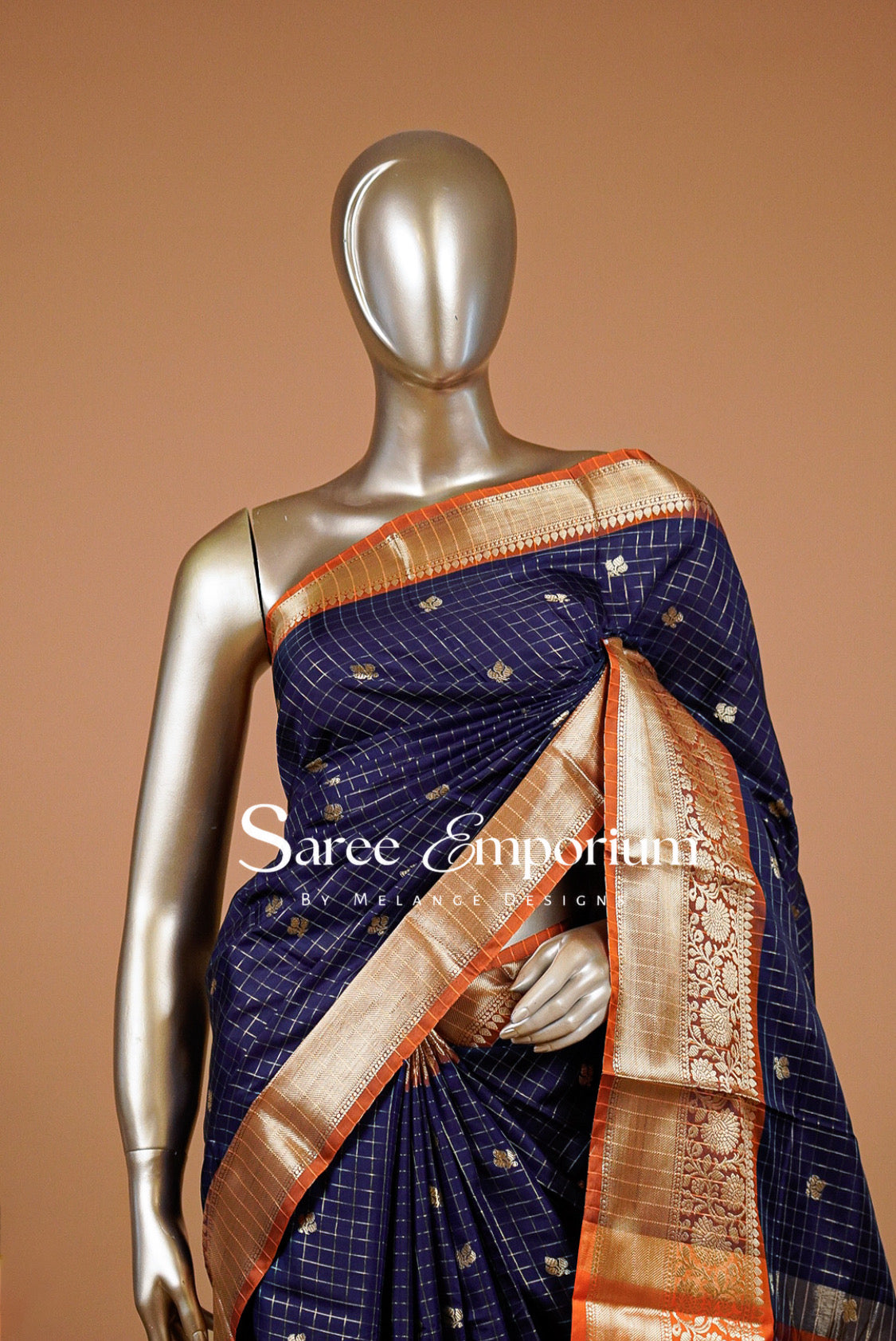 Semi Silk Saree Checks For Women Deep Navy Blue 
