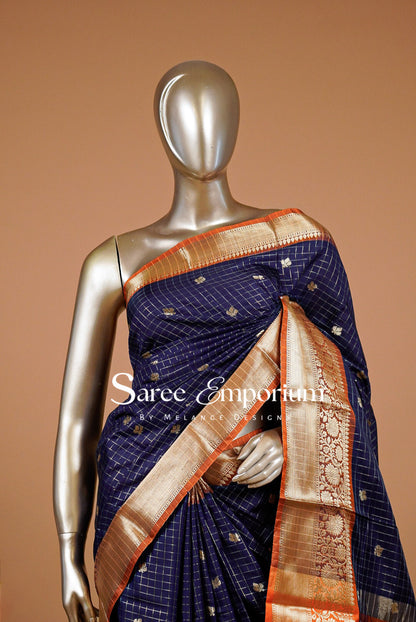 Semi Silk Saree Checks For Women Deep Navy Blue 
