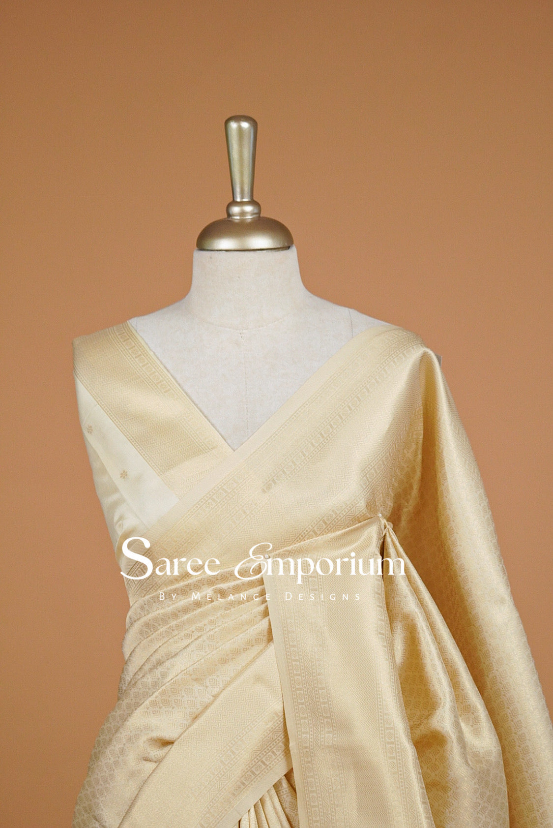 Semi Silk Saree For Women Ivory Cream Close Up.