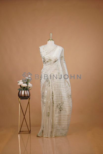 Tissue Handwork Embroidery Saree For Women Pearl Ivory