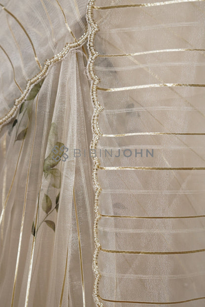 Tissue Handwork Embroidery Saree For Women Pearl Ivory side view