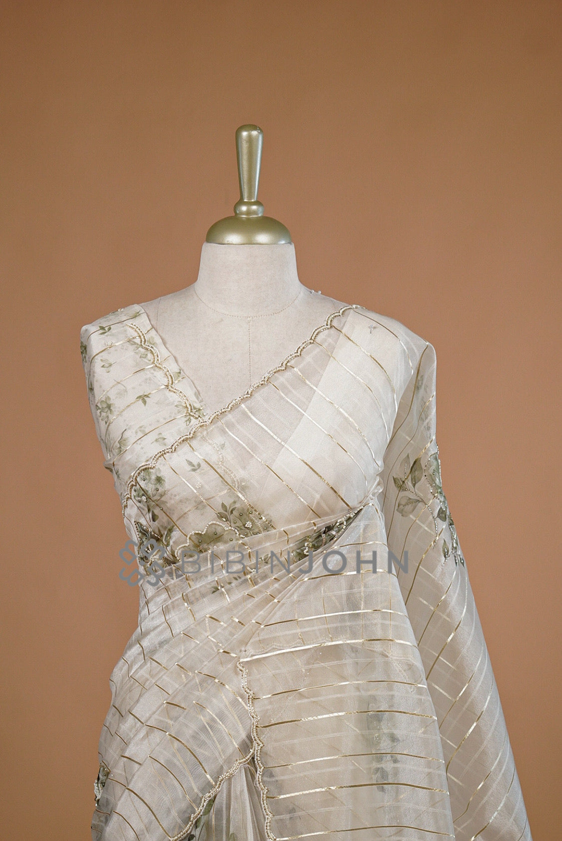 Tissue Handwork Embroidery Saree For Women Pearl Ivory  close view