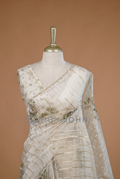 Tissue Handwork Embroidery Saree For Women Pearl Ivory  close view