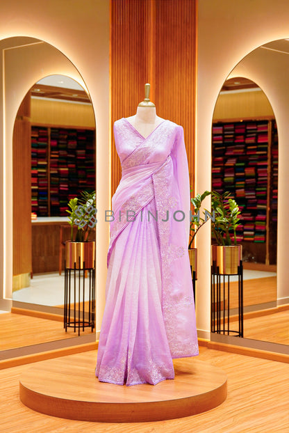 Tissue Organza Embroidery Saree For Women Lilac