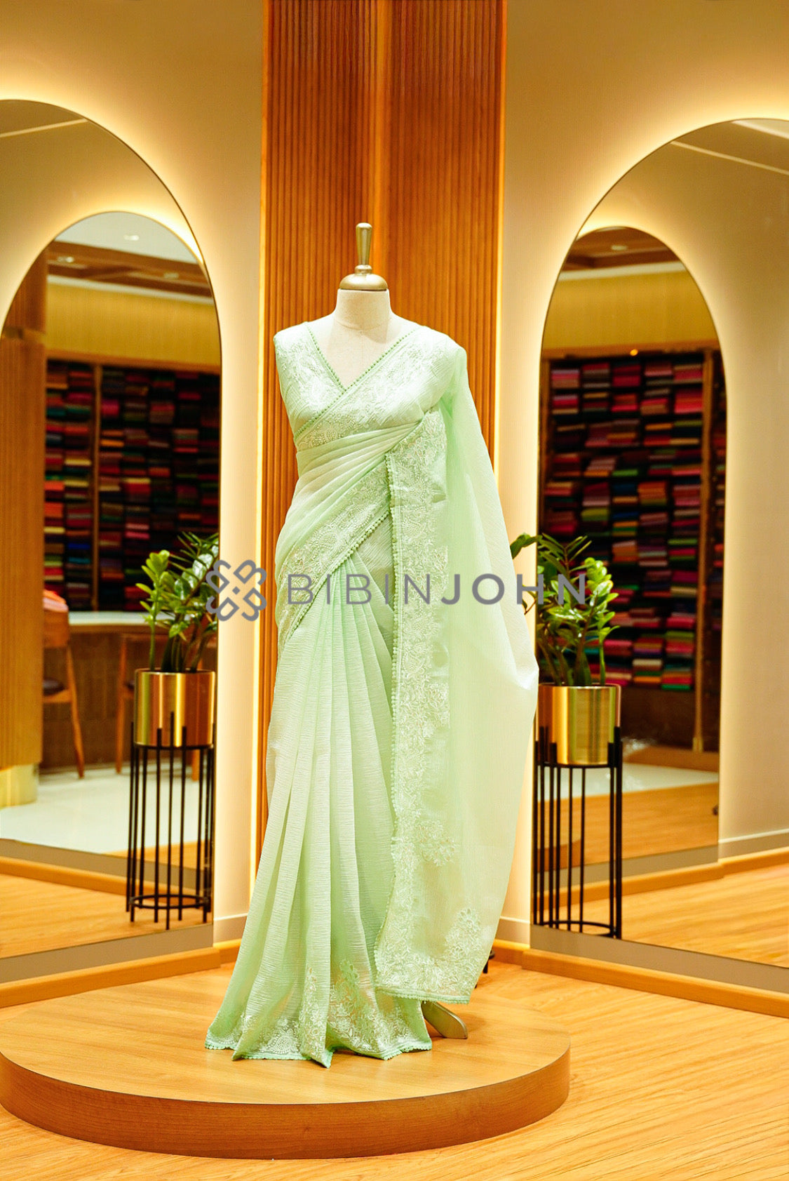 Tissue Organza Embroidery Saree For Women Pastel Mint Green 